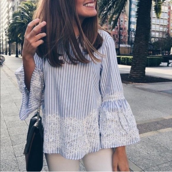 Zara Tops - Zara Woman Blue Stripe Lace Bell Sleeve Blouse